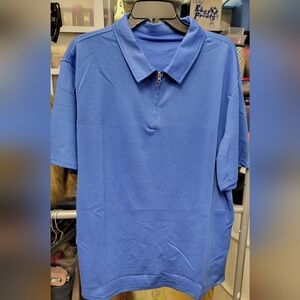 Golf Polo Collared Short Sleeve Siver Zippered Shirt XL Blue